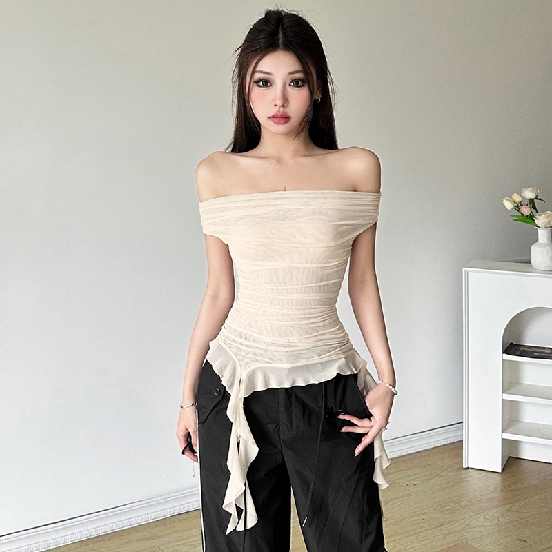 แปลก Puss Casual Strapless Vest หนึ่งไหล่ Backless Solid Ruched อเนกประสงค์บรรยากาศสไตล์แฟชั่น Advanced Sense 2024 ร้อนใหม่