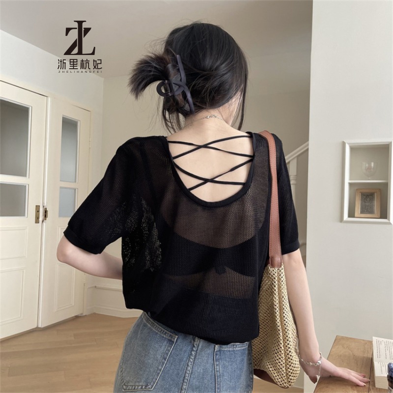 ZHELIHANGFEI เสื้อยืดถักแขนสั้นผู้หญิงดีไซน์ลายฉลุ สไตล์เซ็กซี่