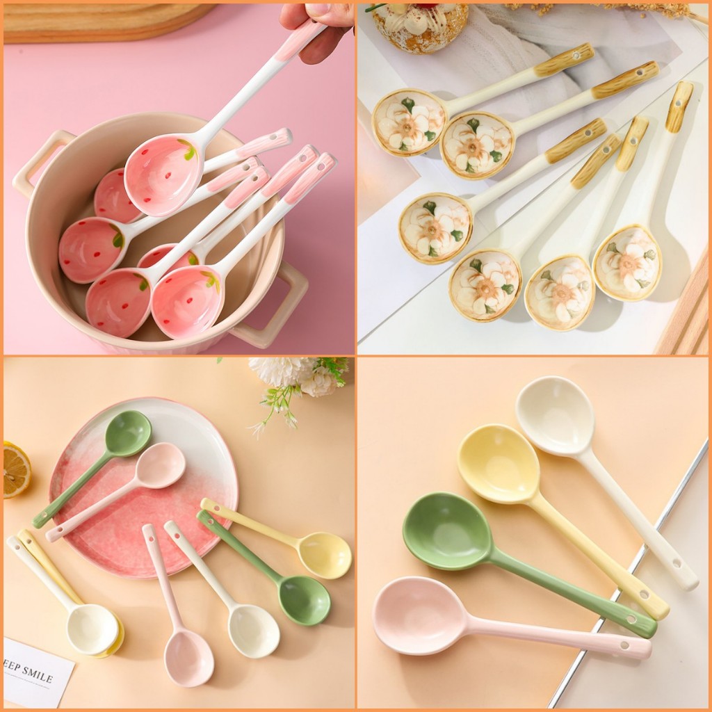 Guouqna 1 PC น ่ ารักสตรอเบอร ์ รี ่ เซรามิคช ้ อนซุปไอศกรีมมือทาสีกาแฟขนมหวานยาวช ้ อนครัวบนโต ๊ ะอาหารอุปกรณ ์ เสริม BASL