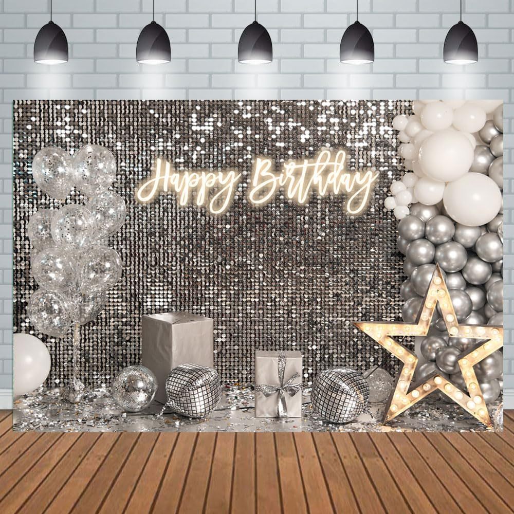 7x5ft เงิน Shimmer Wall Happy Birthday ฉากหลัง Shining Sequins hoodie บอลลูน Star Light Disco พื้นหลังหวาน 16 18th 21st 30th 40th 50th Party ตกแต่ง Prom Party Decor