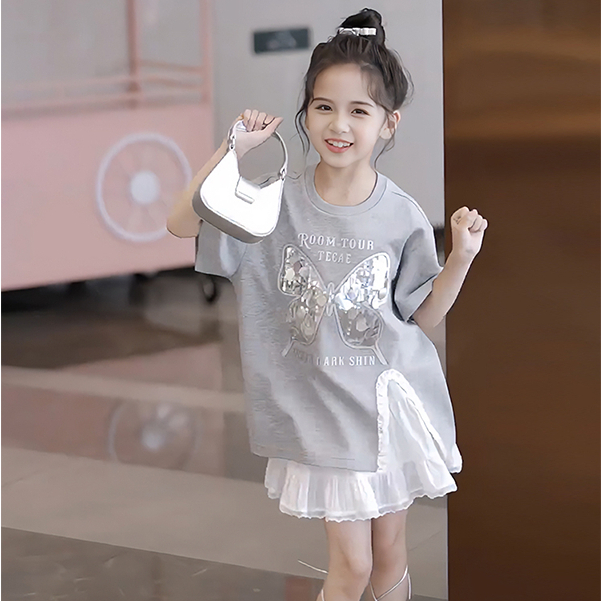 3-14 ปีฤดูร้อนสาวชุดเด็กชุดกลางเด็กใหญ่ชุดลําลองสาวใหญ่ชุดสาวโบว์เสื้อยืดกระโปรงชุดสองชิ้น