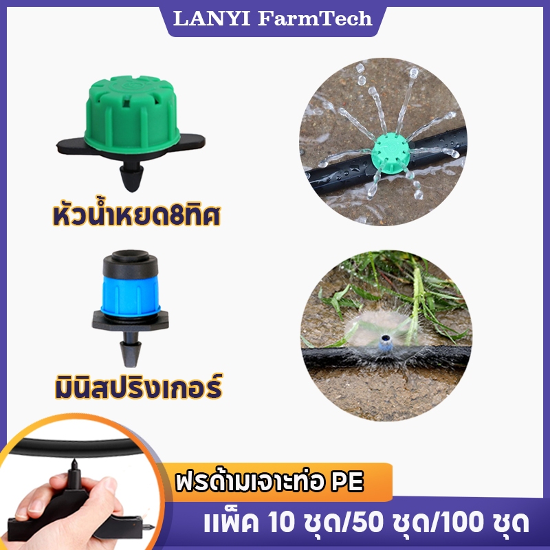 สปริงเกลอร์ หัวน้ำหยด สปิงเกอร์หัวสีฟ้า ปรับความแรงน้ำได้ ให้น้ำรอบทิศทาง 360 องศา ใช้กับสายไมโคร ขนาด