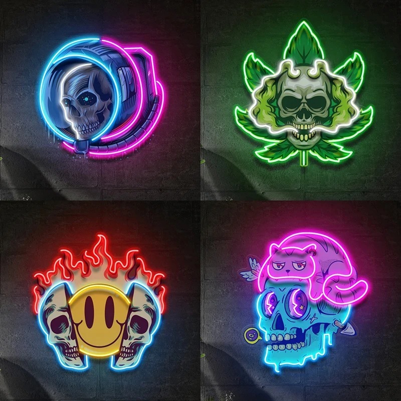Skull UV พิมพ์แสงนีออนป้าย Skull การ์ตูนอะนิเมะป้ายนีออนห้องนอนเกมห้อง Neon Wall Art Decor UV พิมพ์ Led ไฟกลางคืนทําด้วยมือ