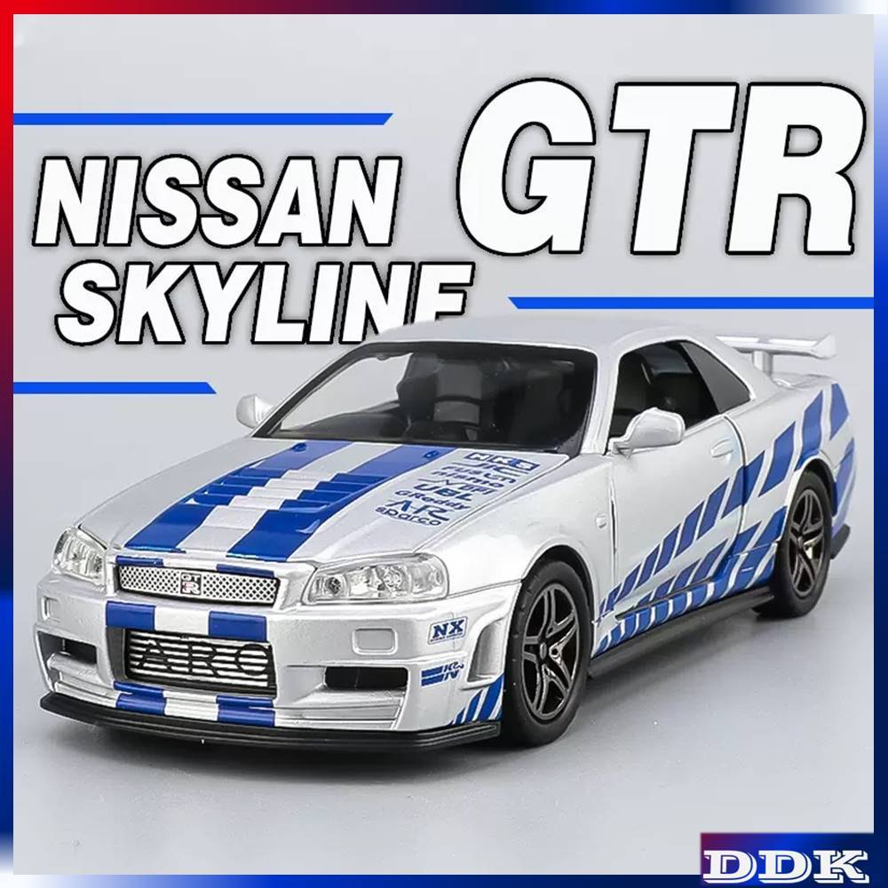 1/32 Diecast Alloy รุ่นของเล่นรถเสียงแสงดึงกลับของขวัญเด็กเพื่อนของขวัญวันเกิด คริสต์มาส GTR R34