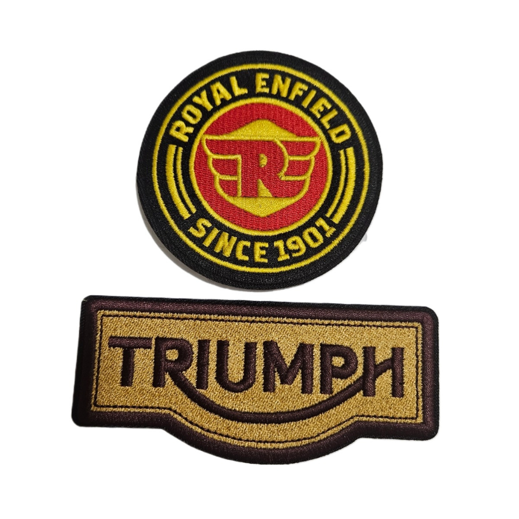 โลโก้แบรนด์ที่กําหนดเอง Triumph รถจักรยานยนต์ Royal Enfield เย็บปักถักร้อยแพทช์เหล็กบนเย็บ Harley-Davidson รถจักรยานยนต์สติกเกอร์สําหรับเสื้อผ้ากางเกงยีนส์แจ็คเก็ตหมวก Badge