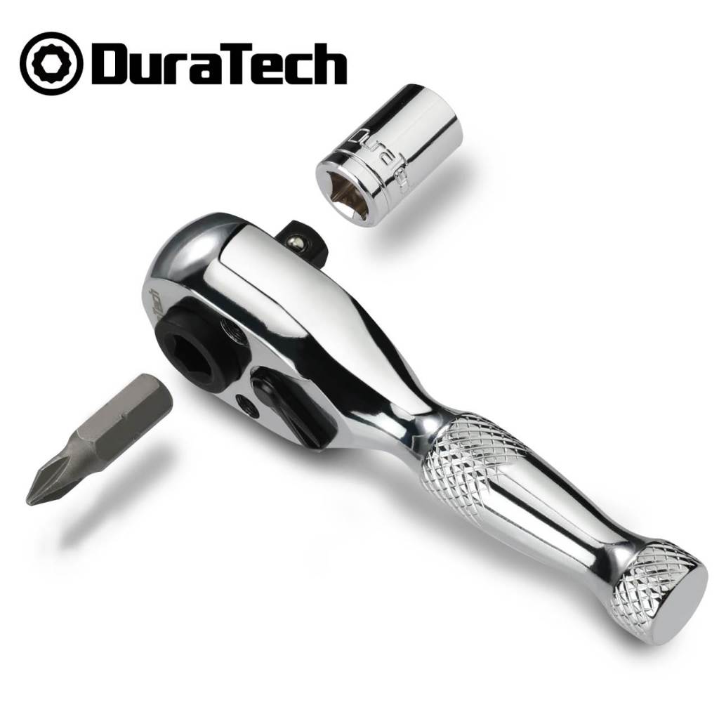 Duratech ประแจวงล้อ Stubby 1/4 นิ้ว, ไดรเวอร์ Socket & Bits, 72 ฟัน, โครเมียมอัลลอยด์ Made, ชุบโครเมียมเสร็จสิ้น