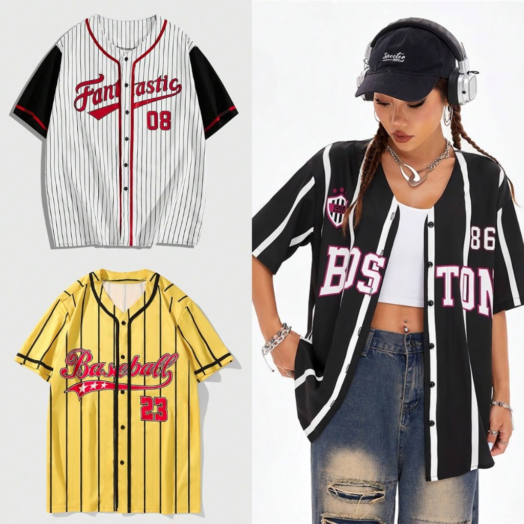 เสื้อเบสบอลแขนสั้น Unsixe - เกาหลี Star สไตล์แถบ Stickball เสื้อยืดการ์ตูนพิมพ์ oversize หลวมเสื้อยืด Hot Trend 2024