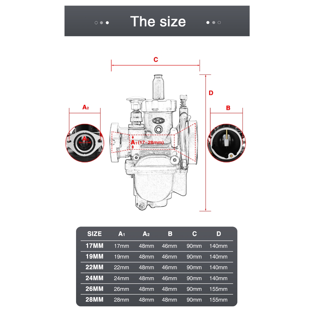 Motoparts SHOP PE รถจักรยานยนต ์ คาร ์ บูเรเตอร ์ 17/19/21/24/26/28MM สําหรับเครื ่ องยนต ์ 80-250cc