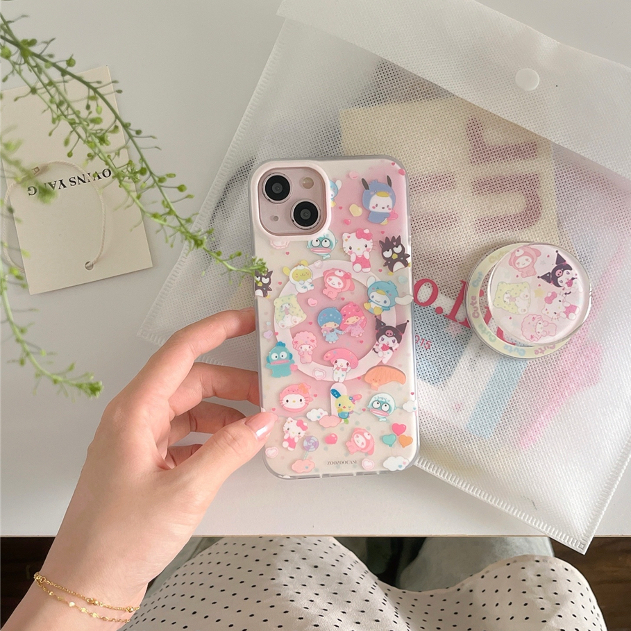 SANRIO เคสโทรศัพท์สําหรับiphone 15promax 15 15pro 14 13 12 14promax 13/12Pro 13promax 14Pro 12Promaxเต็มรูปแบบของSanrioแม่เหล็กDouble-layer IMDฝาครอบแหวนแม่เหล็กขาตั้ง