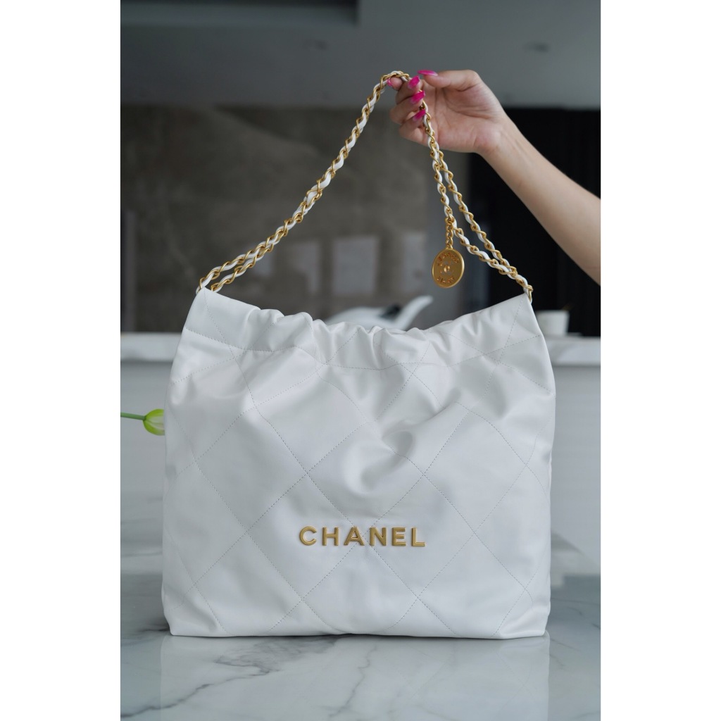 Chan * l 22bag ชุบหนาปานกลาง 24k Vintage Gold + หนังลูกวัว
