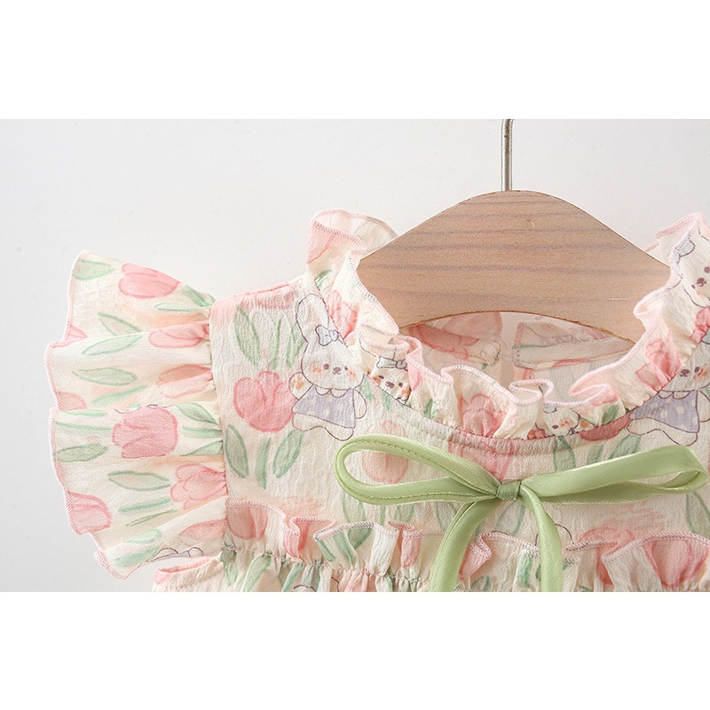 ฤดูร้อนใหม่หวานและน่ารักชุดเด็กผู้หญิง,สีชมพูดอกทิวลิปเด็กแขนกุดเสื้อผ้าสําหรับ 9 เดือนถึง 4 ปี - รูปที่ 2