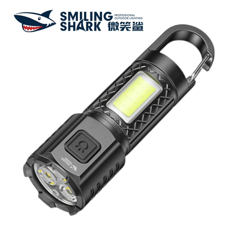 Smiling Shark SD5253 ไฟฉายขนาดเล็ก Led*3 ไฟฉายสว่างเป็นพิเศษกันน้ํา Type-c ชาร์จไฟฉายพร้อมตะขอขนาดเล็กแบบพกพากลางแจ้ง camping, ตกปลา Flish Light