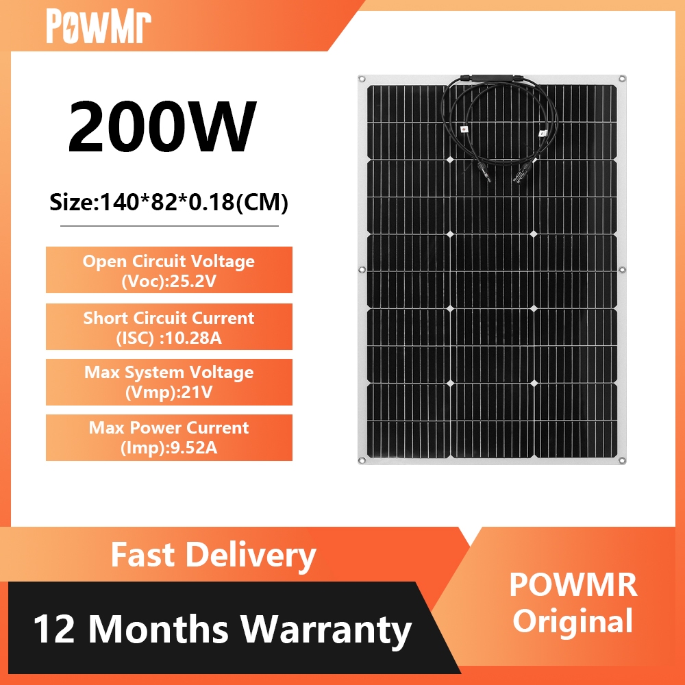 PowMr 200W แผงพลังงานแสงอาทิตย์ สายเคเบิลโมโนคริสตัลไลน์ ยืดหยุ่น กันน้ํา ชาร์จได้ สําหรับรถยนต์ รถบ้าน กลางแจ้ง DIY