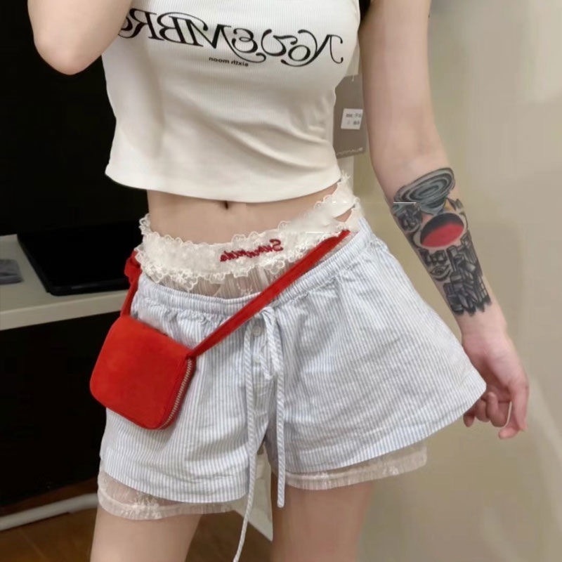 JPG STORE🌈พร้อมส่ง🌈กางเกงกีฬาขาสั้น ลําลอง ลูกไม้ ลายทาง สีฟ้า สีขาว สําหรับผู้หญิง
