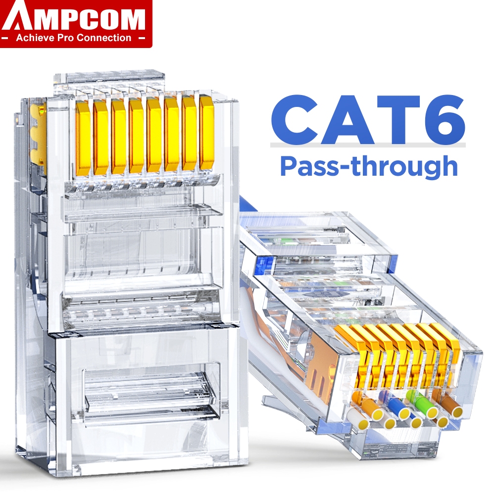 AMPCOM ตัวต่อเครือข่าย CAT6 CAT5E Pass Through RJ45 3/50μ Gold-Plated 8P8C ตัวต่อโมดูลาร์แบบแพรทสำหรับสายอีเทอร์เน็ต