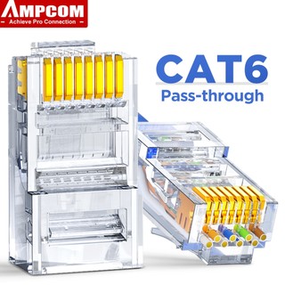 AMPCOM ตัวต่อเครือข่าย CAT6 CAT5E Pass Through RJ45 3/50μ Gold-Plated 8P8C ตัวต่อโมดูลาร์แบบแพรทสำหรับสายอีเทอร์เน็ต