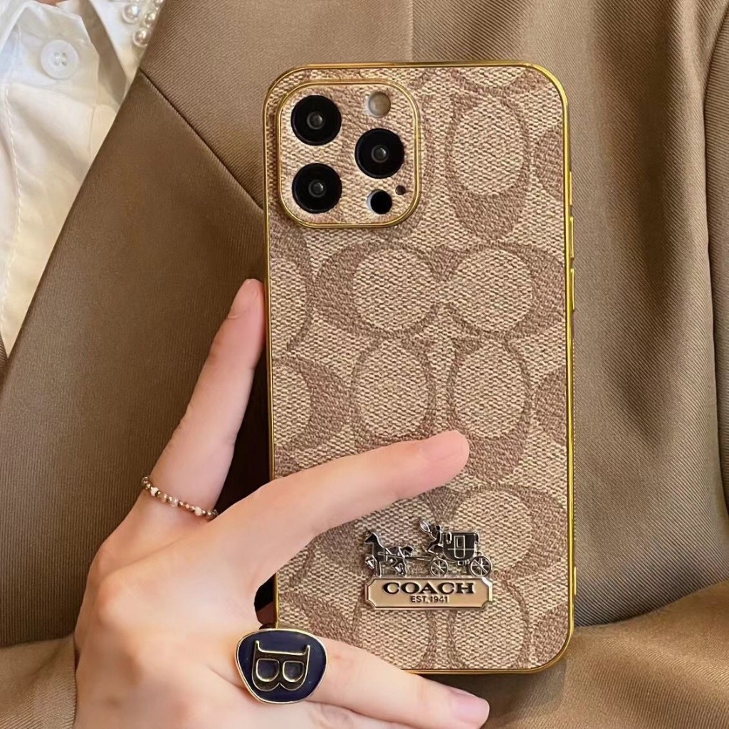 คลาสสิกแบรนด์หรูหนังเคสโทรศัพท์สําหรับiPhone 15 Pro Max 11 12 13 14 Pro Max Plus High-Endชุบทองป้องกันกล้องปกหลัง
