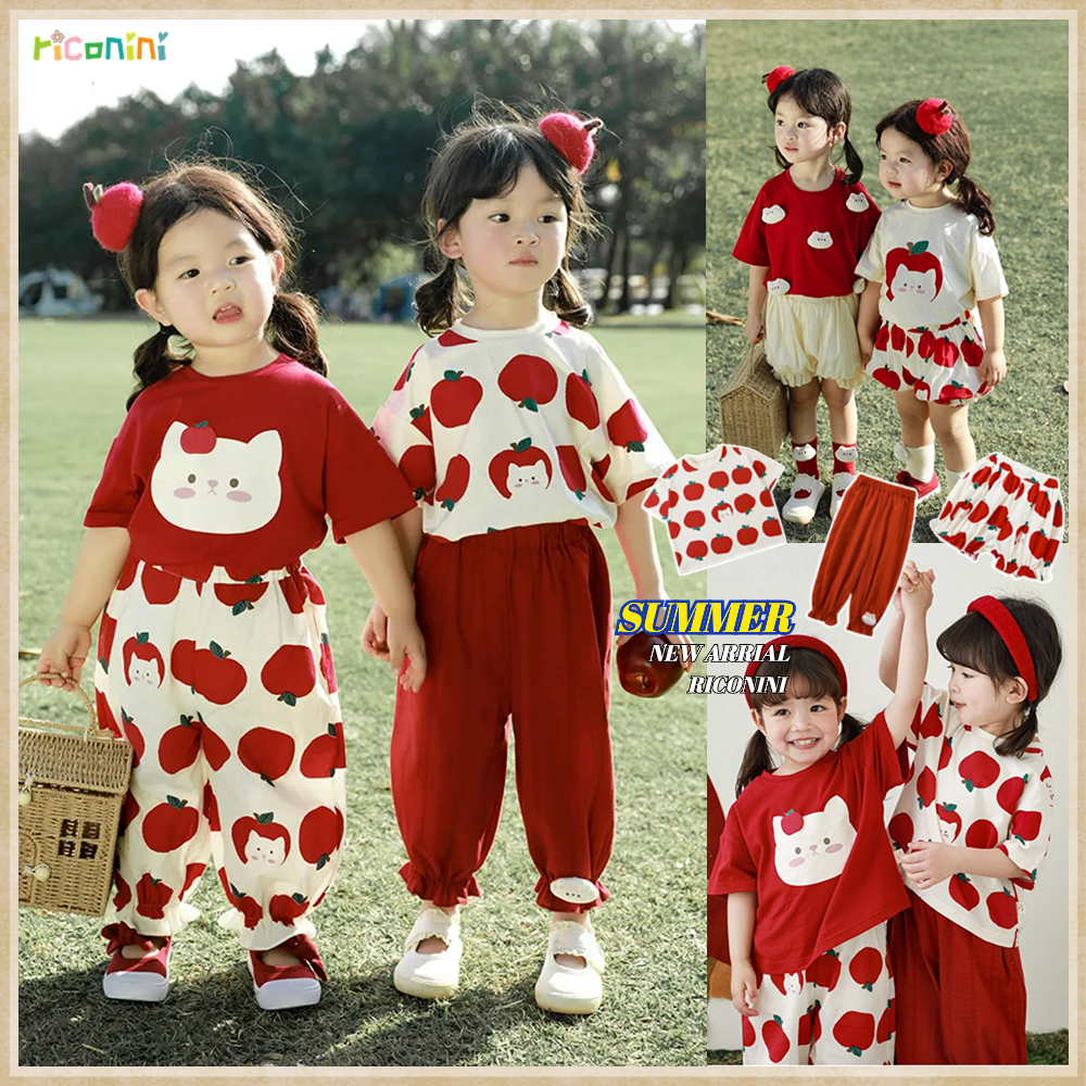 Riconini Girls ' Apple Series ฤดูร ้ อนแขนสั ้ นเด ็ กน ่ ารักพิมพ ์ กางเกงกันยุงหลวมทั ้ งหมดตรงกับเด ็ กเสื ้ อยืดสูท