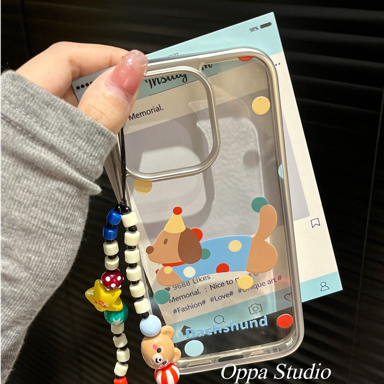 Huiwanju สี polka dot dachshund เหมาะสําหรับ iphone15promax14 เคสโทรศัพท์มือถือ 11 IP15pro หญิง 12 กรอบเงินการ์ตูนโปร่งใสพร้อมเชือกเส้นเล็ก 13.00 น. รวมทุกอย่างป้องกันการตก