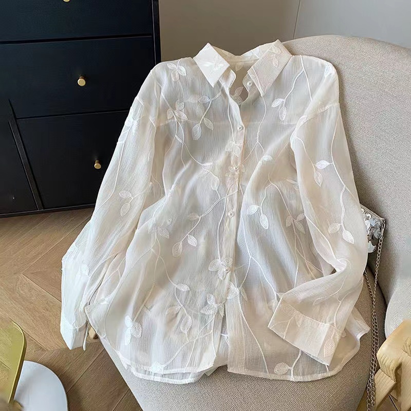 สไตล ์ เกาหลีผู ้ หญิงสุภาพสตรีหลวมฤดูร ้ อนเย ็ บปักถักร ้ อยเสื ้ อแขนยาวเสื ้ อ Baju Baju Wanita Lengan Panjang