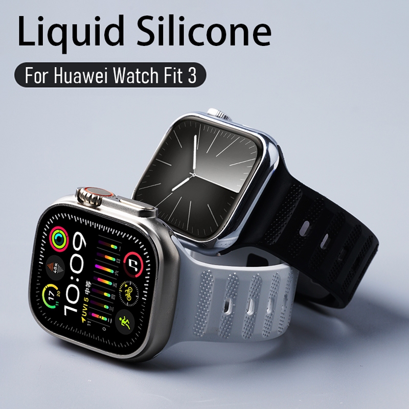 สายรัดซิลิโคนเหลวสําหรับนาฬิกา Huawei Fit 3 สายนาฬิกากีฬากันน้ําซิลิโคนอ่อนนุ่มสําหรับ Huawei Fit3 Fit2 เปลี่ยนวง PC เคสป้องกัน + อุปกรณ์เสริมฟิล์มแก้ว