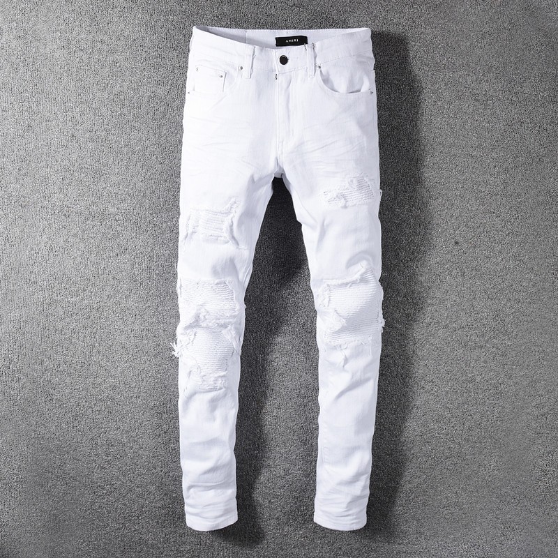 Amiri High street trendy men jeans with white tight elastic splicing design high-quality fashionable men jeans