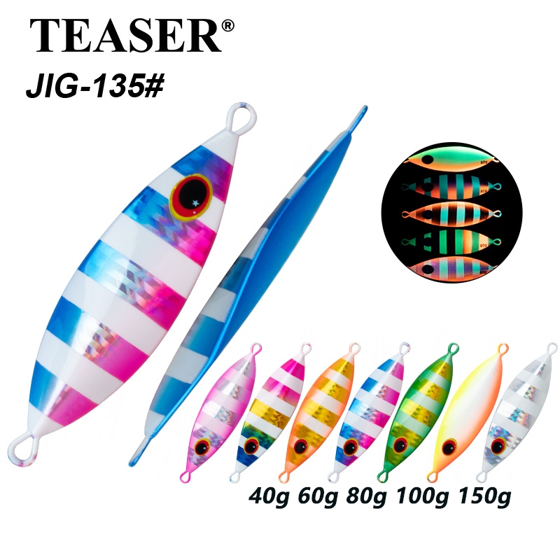TEASER【J135】slow โลหะ Jigging Lure 40g 60g 80g 100g 150g Fish Eye Glow เหยื่อตกปลาน้ําเค็มเหยื่อปลอมตกปลาทะเลเหยื่อแข็งโดยไม่ต้อง Assist Hook