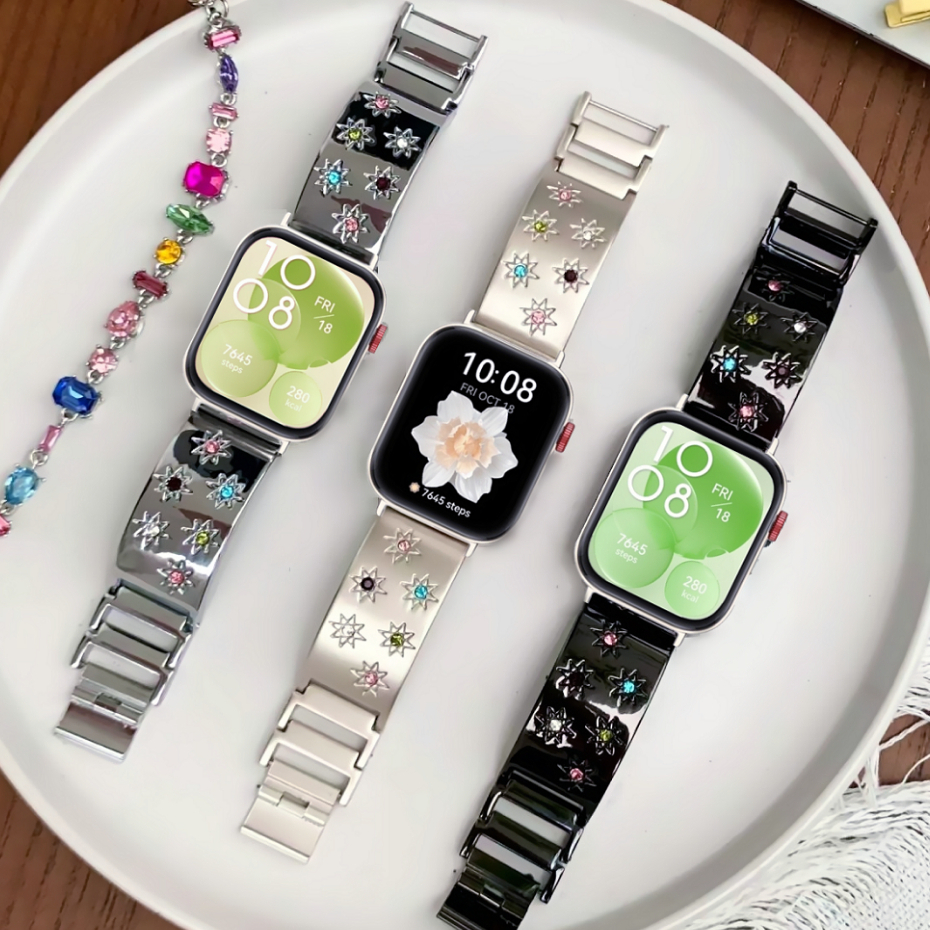 Inlaid Colored Gem สาย Huawei Watch Fit 5 pro Strap Metal Huawei watch Fit 5 สาย Huawei watch Fit 4 Pro Strap Huawei Watch Fit 3 สาย Huawei Fit 4 Strap Metal Huawei Watch Fit 2 Strap สาย Huawei Fit 5 pro Strap Huawei Watch Fit 4 สาย Huawei Fit 3 Strap