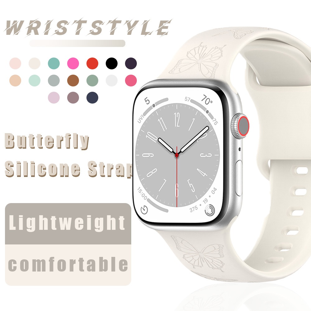 สายนาฬิกาข้อมือซิลิโคนยาง แบบนิ่ม ลายผีเสื้อ สําหรับ Apple Watch S9 8 7 6 5 4 3 2 1 SE2 ULTRA iWatch 45 มม. 49 44 42 41 40 38