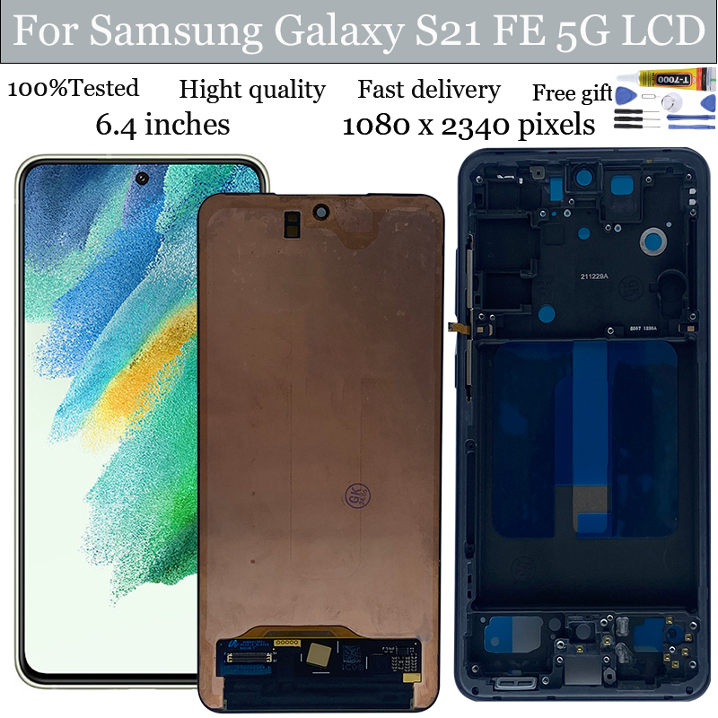 Original AMOLED สําหรับ Samsung Galaxy S21 FE 5G SM-G990B หน้าจอสัมผัส LCD พร้อมกรอบเปลี่ยน