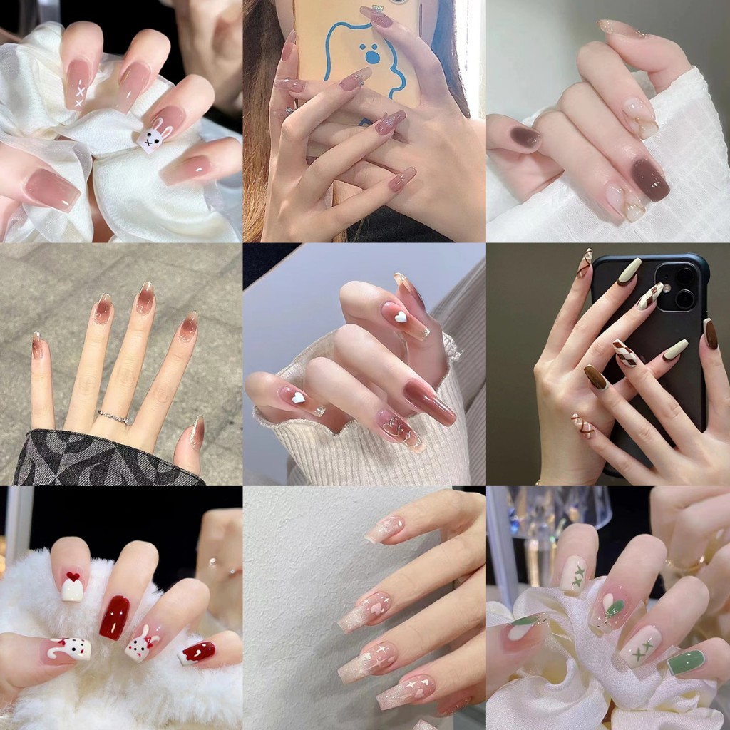 【ฟรีกาวสติกเกอร์ 24 ชิ้น】เล็บปลอมแฟชั่น 24 ชิ้น