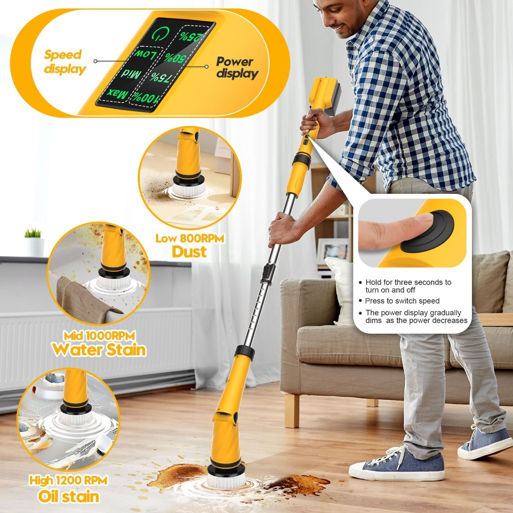 Qimedo เครื่องขัดพื้นไฟฟ้าไร้สาย 1500 RPM แปรงไฟฟ้าแบบชาร์จไฟได้สําหรับทําความสะอาดห้องน้ํา ไม้ถูพื้นขัดพลังพร้อมหัวแปรง 8 หัว - รูปที่ 2