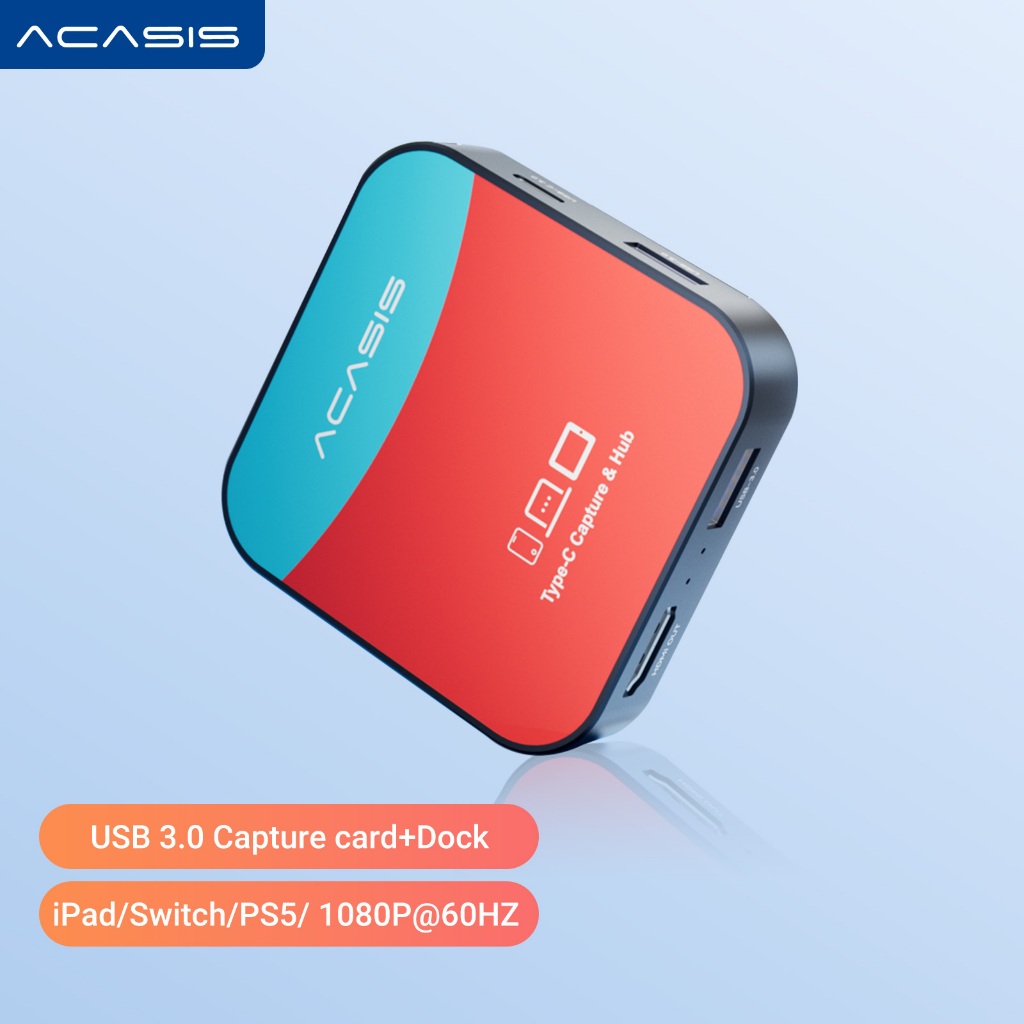 Acasis Type-c Capture Card & Docking Station 2-In-1, 1080P 60Hz เกมบันทึกกล่องถ่ายทอดสดเข้ากันได้กับระบบ Windows/Linux สําหรับ Nintendo Switch 2/PS4/3 Xbox , 2*USB-A 3.0สำหรับสวิตช์ nintendo