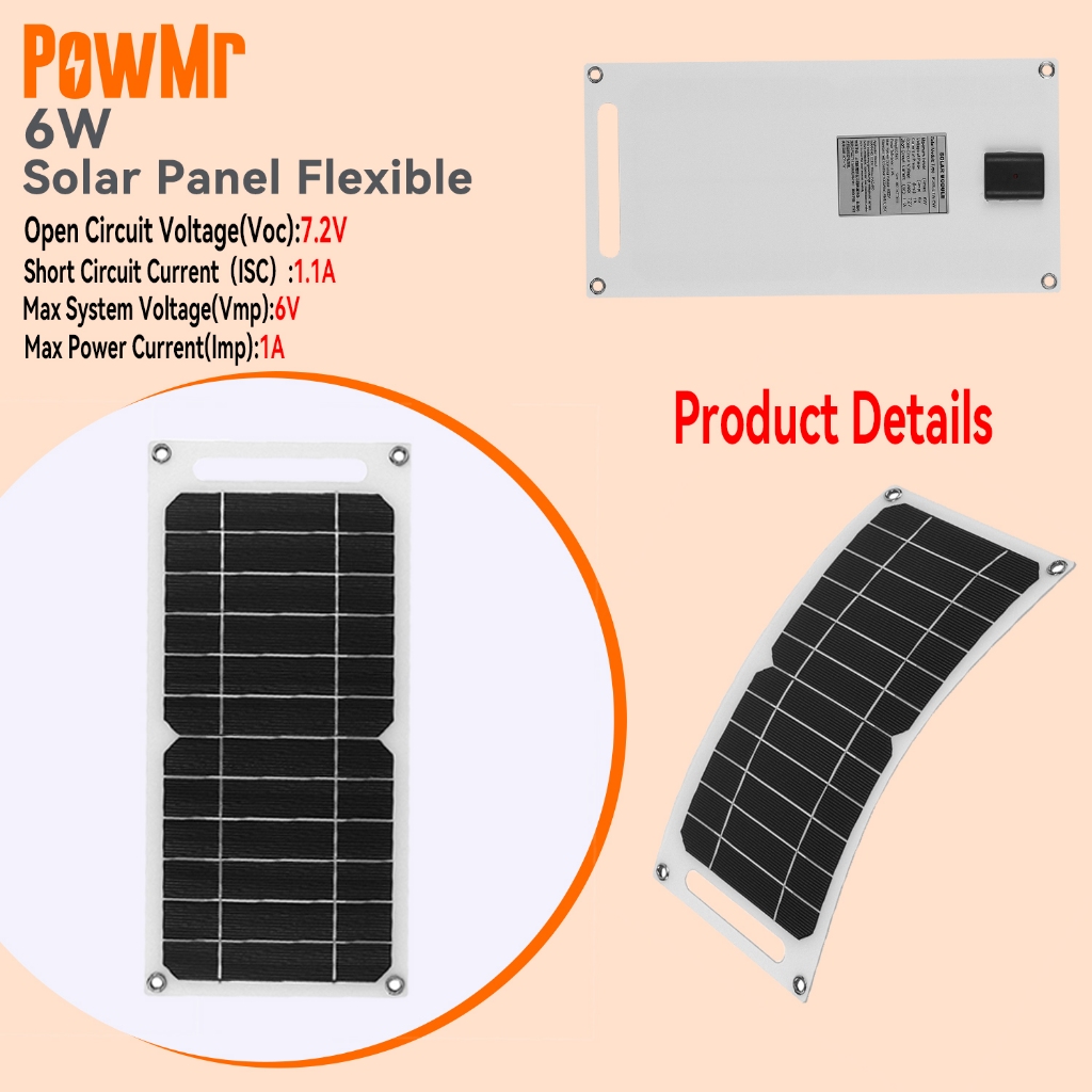 PowMr 6W แผงโซลาร์เซลล์ซิลิคอนโมโนคริสตัลไลน์แบบยืดหยุ่น Monocrystalline เซลล์แสงอาทิตย์ DIY สายเคเบิลกลางแจ้งรถ RV ระบบไฟฟ้าแบบชาร์จไฟกันน้ํา