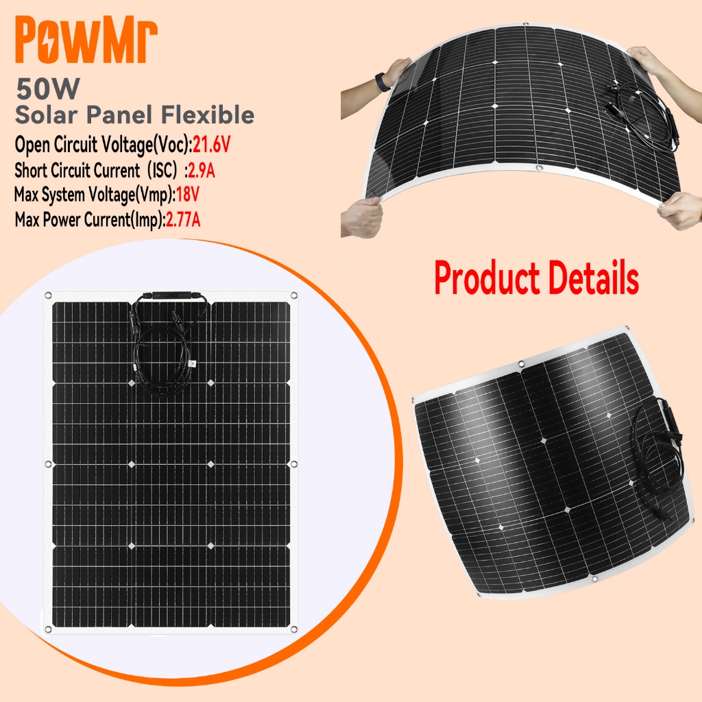 【ร้านค้าอย่างเป็นทางการ】PowMr 50W แผงโซลาร์เซลล์ Monocrystalline Silicon แบบยืดหยุ่น Monocrystalline Solar Cell DIY สายเคเบิลกลางแจ้งรถ RV ระบบไฟฟ้าแบบชาร์จไฟกันน้ํา
