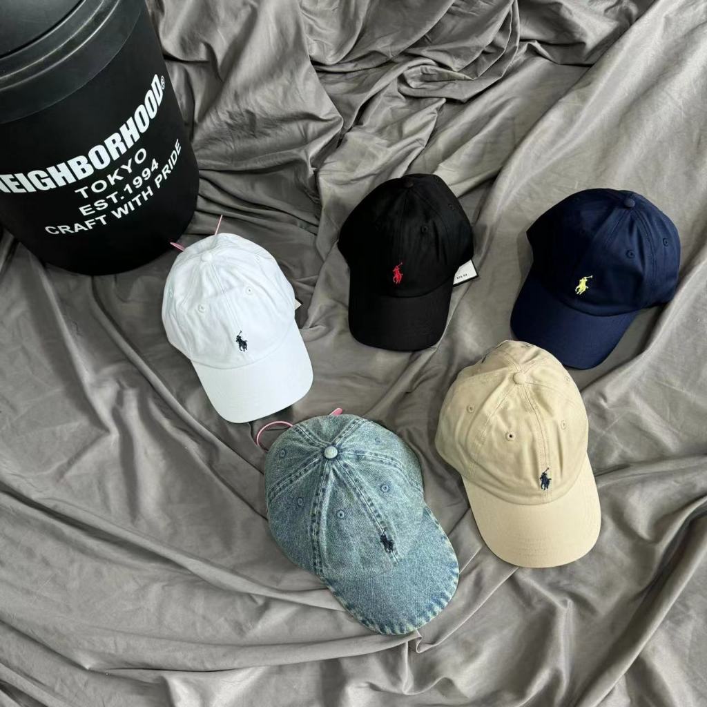 P POLO RL Pony เย็บปักถักร้อยป้ายล้าง Retro เบสบอลหมวกโค้ง Brim Soft Top หมวกหลากสีผู้ชายผู้หญิงคู่สไตล์