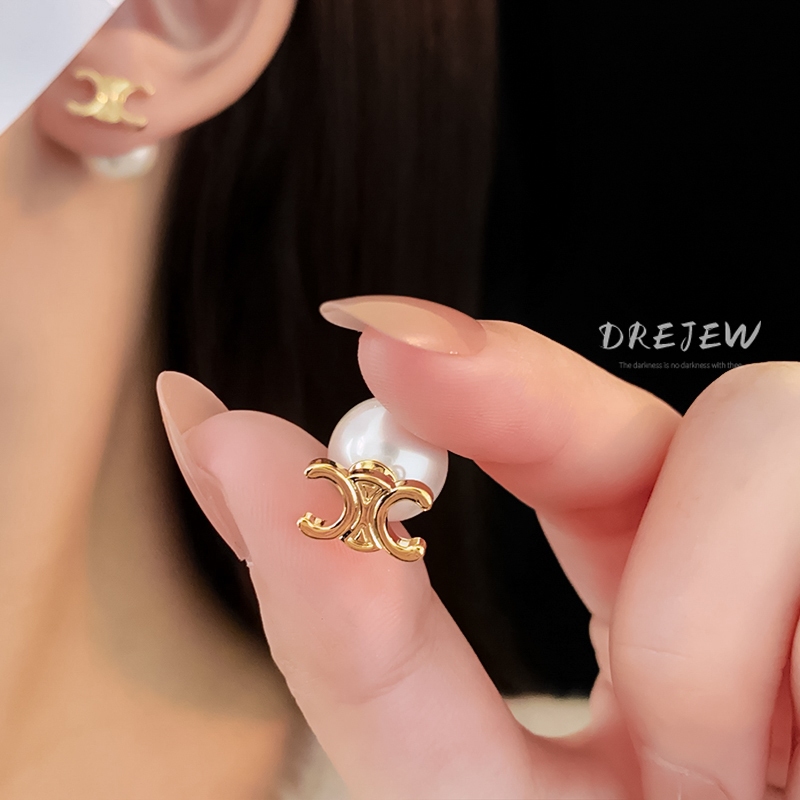 DREJEW เดรช ทอง 18เค 925 เข็มเงิน ก สองสวมจดหมายต่างหูมุกช่องแฟชั่นต่างหูอเนกประสงค์ต่างหูสไตล์ฝรั่งเศส