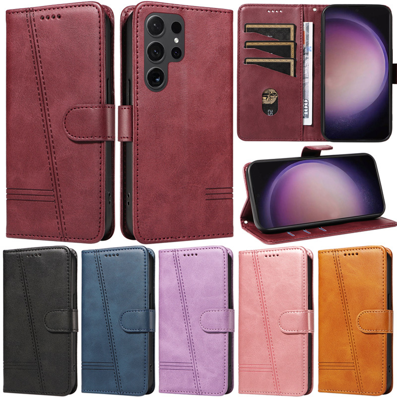 Slim สําหรับ Samsung Galaxy S24 Ultra S23 Ultra S22 Ultra S21 Ultra S23 FE S21 FE หมายเหตุ 20 Ultra S24 + S23 + S22 + S21 + Retro Stripe กระเป๋าสตางค์หนัง PU นุ่มฝาครอบกรณี