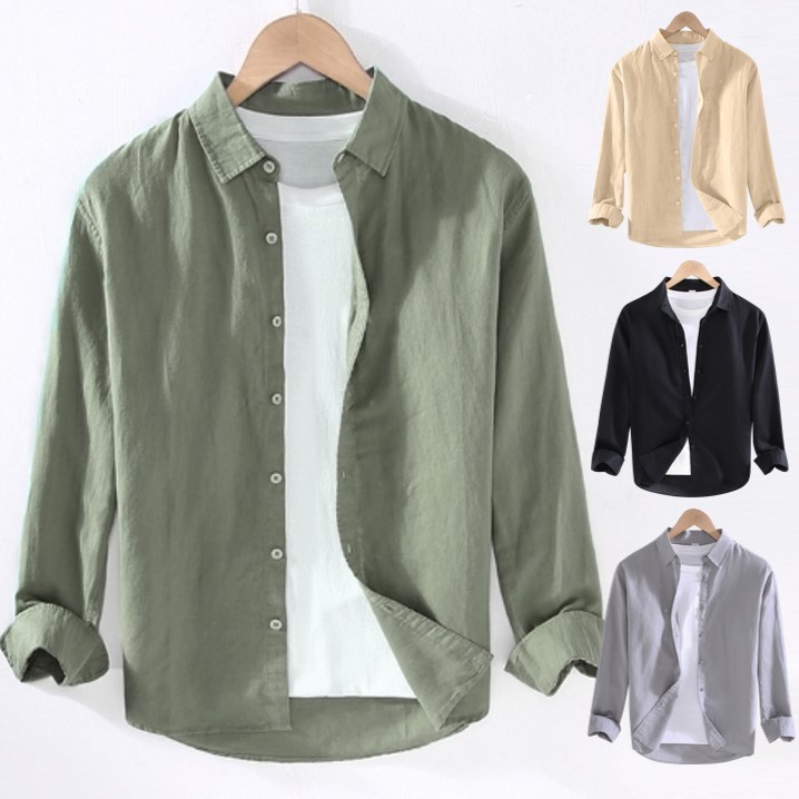 จัดส่งในพื้นที่ COD เสื้อเชิ้ตผู้ชาย ผ้าฝ้าย และผ้าลินิน สีขาว แฟชั่นฤดูร้อน เสื้อผู้ชาย