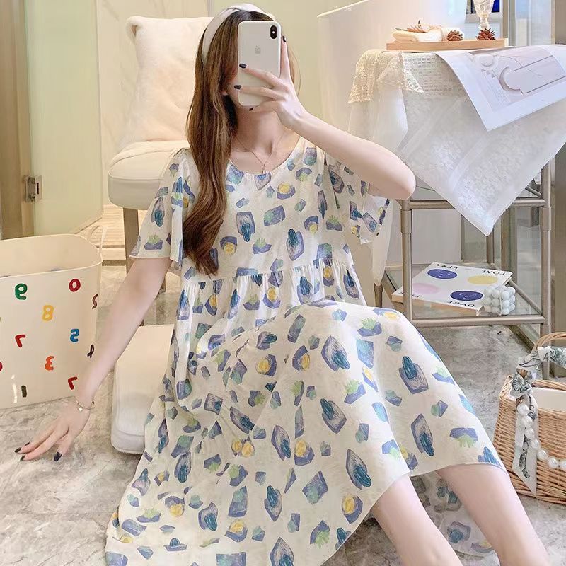 2024 ฤดูร ้ อนสไตล ์ บางพิมพ ์ บ ้ านสบายๆผ ้ าฝ ้ ายผ ้ าไหมสุภาพสตรี Nightdress