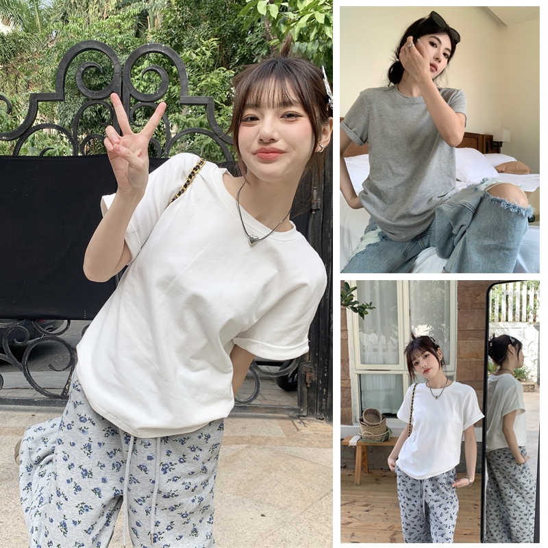 Luna shop หลวมเสื้อยืดสีขาวหญิงแขนสั้นลูกเรือคอBasicเสื้อลำลองฤดูร้อน 2024 อารมณ์สวมใส่เสื้อ