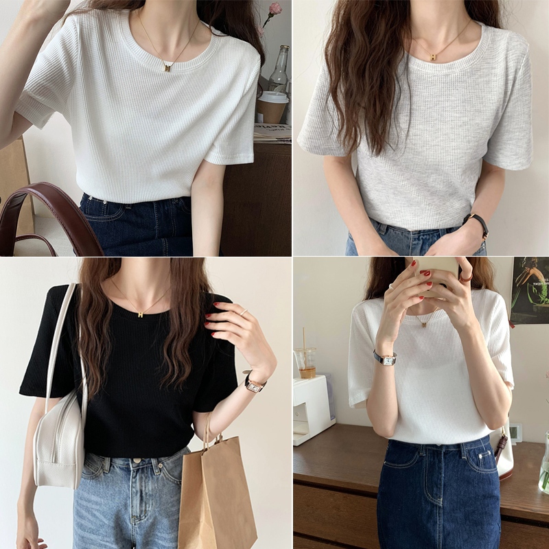 Luna shop เสื้อยืดแขนสั้นสีขาวลำลองแฟชั่นผู้หญิง ผ้าวาฟเฟิลเพื่อความสบาย