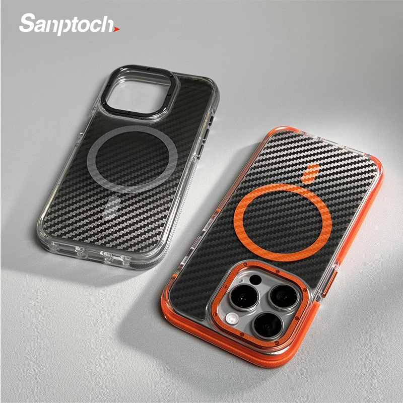 Sanptoch โปร่งแสงคาร์บอนไฟเบอร์ Texture เคสโทรศัพท์สําหรับ iPhone 15 / 14 / 13 Pro Max Anti-Slip กรอบนุ่ม + ป้องกันลายนิ้วมือ Hard Cover สําหรับแม่เหล็กกันกระแทกป้องกันปลอก