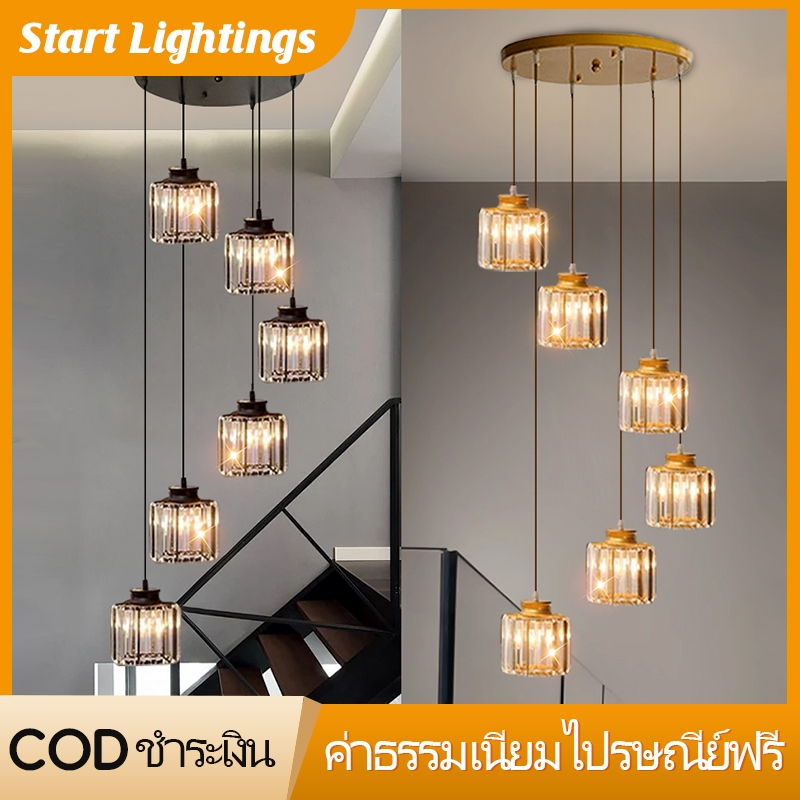 โคมระย้าบันไดหมุนคริสตัลอพาร์ทเมนต์หรูหราจี้แสงห้องนั่งเล่นโคมไฟเรียบง่ายทันสมัย