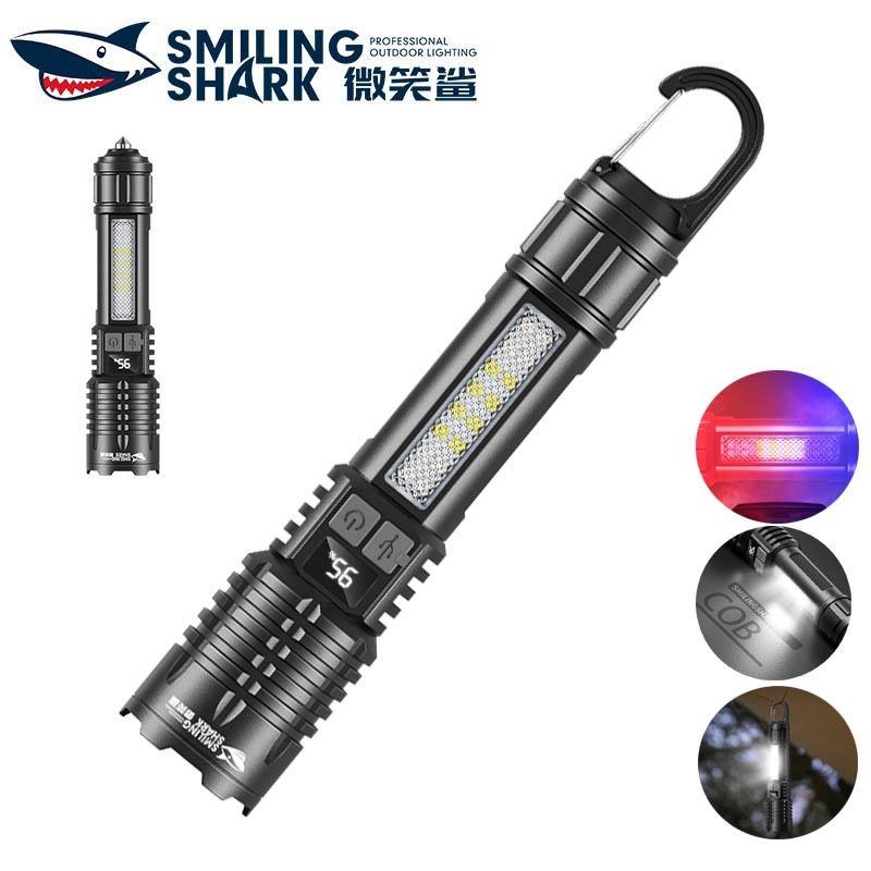 SmilingShark SD5244 ไฟฉาย led ซุปเปอร์ไบรท์ คบเพลิง ซูมได้ Type-C ชาร์จใหม่ได้ 5โหมด แสงสีแดงและสีน้ำเงิน กันน้ำสำหรับการเดินป่าตั้งแคมป์กลางแจ้ง