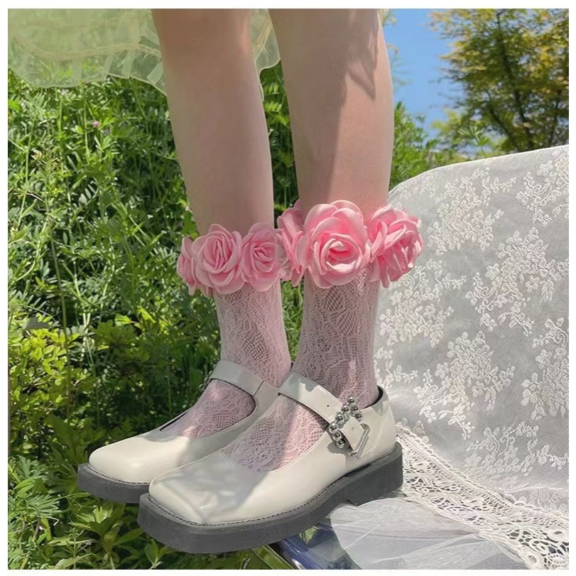 ถุงเท้าลูกไม้สไตล์โรแมนติก ถุงน่องลูกไม้ Camellia