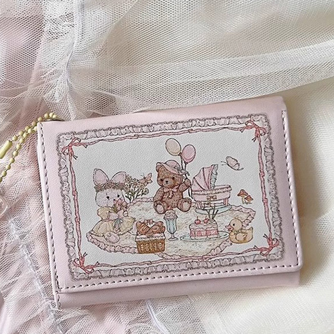 Fumddaishu กระเป๋าสตางค์ ใส่บัตรได้หลายใบ แต่งหัวเข็มขัดแม่เหล็ก ป้องกันการเสื่อมสภาพ ลายกระต่าย หมีน่ารัก แฟชั่นฤดูใบไม้ผลิ สําหรับผู้หญิง