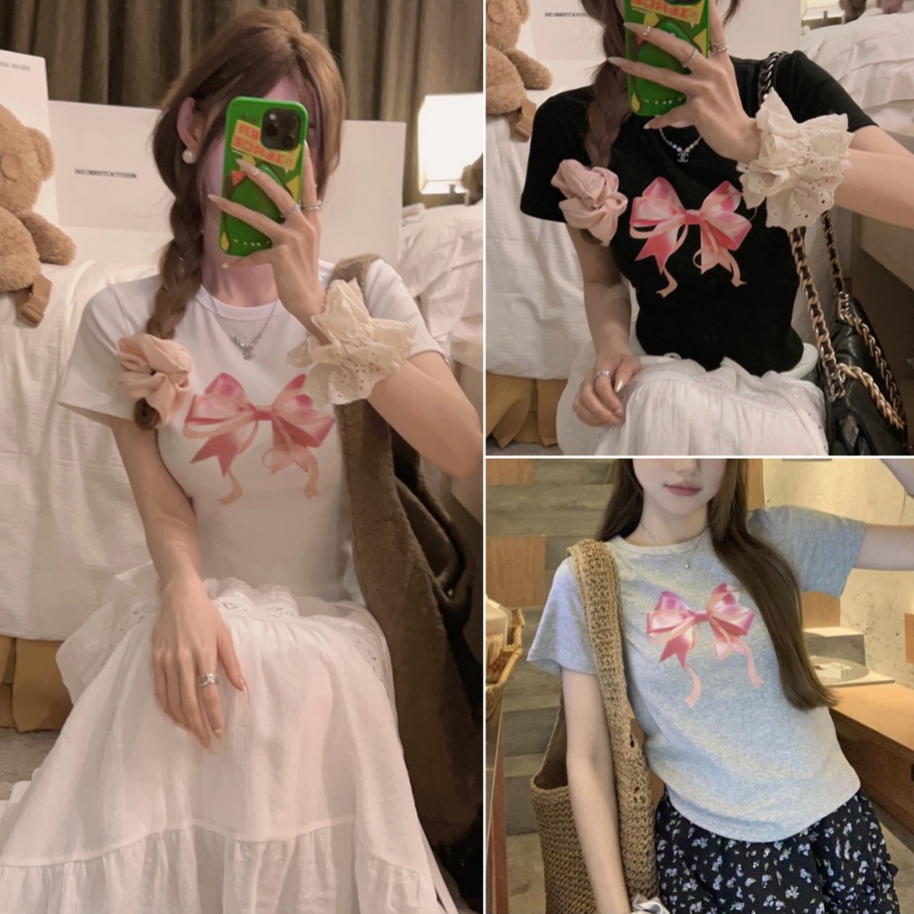 Betty House พร้อมส่ง เสื้อยืด y2k เสื้อรัดรูป แขนสั้นสวยๆ แฟชั่นผู้หญิง ครอปแขนสั้น พิมพ์ลายโบว์น่ารัก
