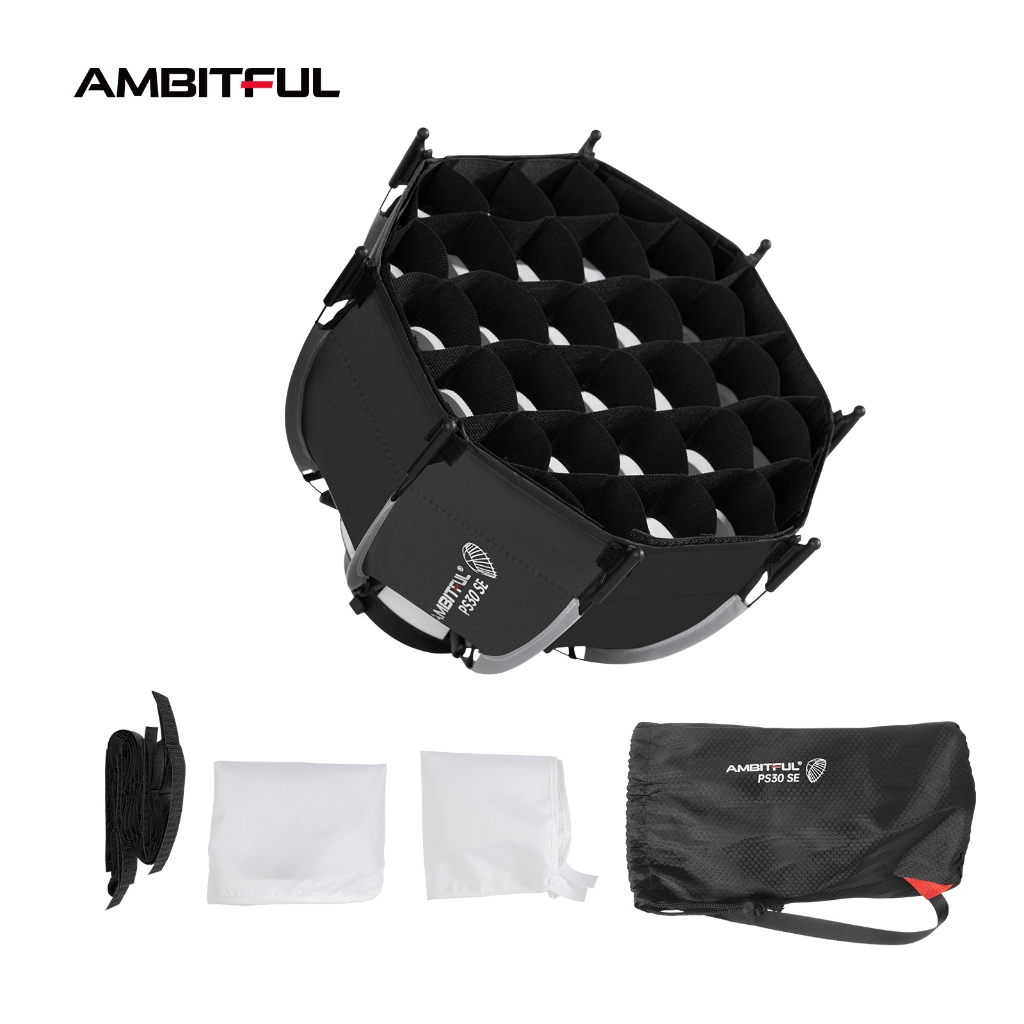 Ambitful 30 ซม.45 ซม.50 ซม.PS30 PS45 PS50 SE Bowens Mount แปดเหลี่ยมร่ม Softbox + ตารางรังผึ้งกลางแจ้งกล่องนุ่มสําหรับสตูดิโอ Strobe Light สตูดิโอ LED