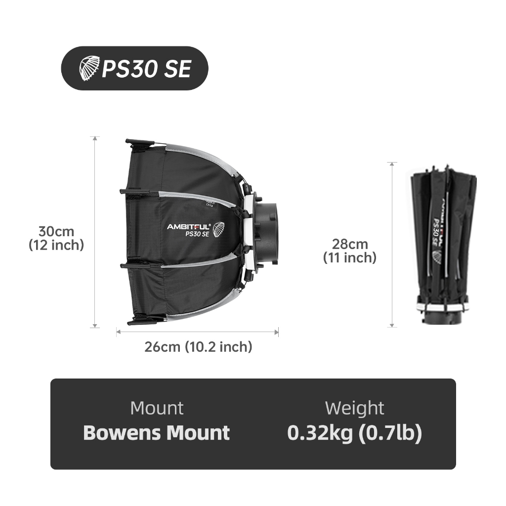 Ambitful 30 ซม.45 ซม.50 ซม.PS30 PS45 PS50 SE Bowens Mount แปดเหลี่ยมร่ม Softbox + ตารางรังผึ้งกลางแจ้งกล่องนุ่มสําหรับสตูดิโอ Strobe Light สตูดิโอ LED